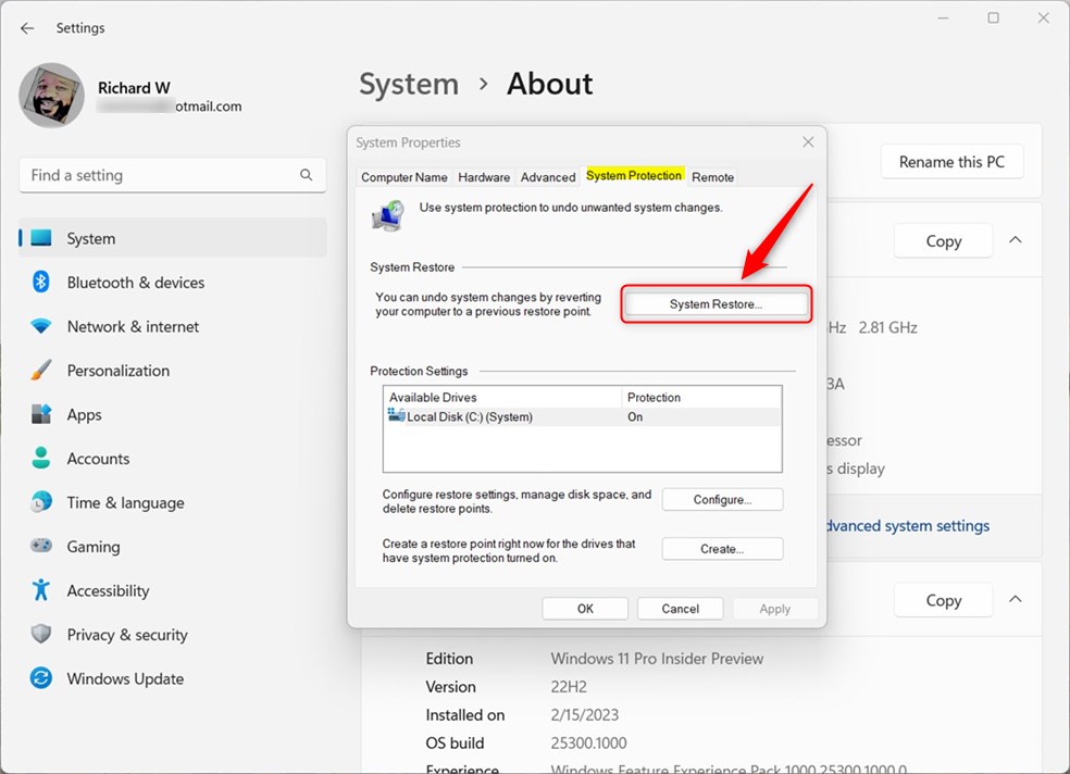 Кнопка восстановления системы защиты системы Windows