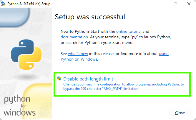 Окно установщика Python на Windows. Отключение лимита длины пути.