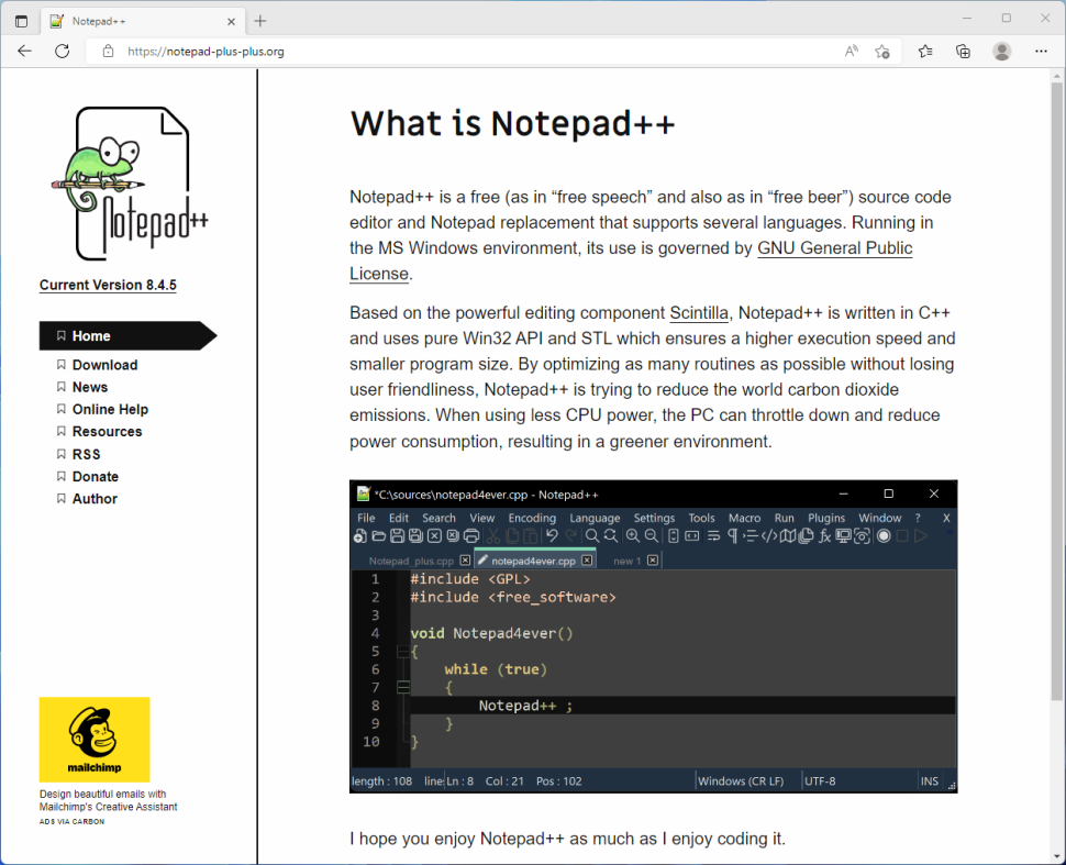 Вид сайта Notepad++