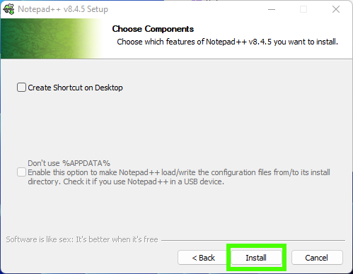 Окно установщика Notepad++ с кнопкой Install
