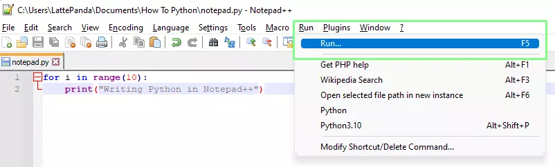 Запуск кода в Notepad++