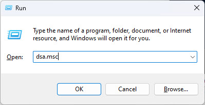Откройте оснастку «Пользователи и компьютеры Active Directory» из окна «Выполнить команду».