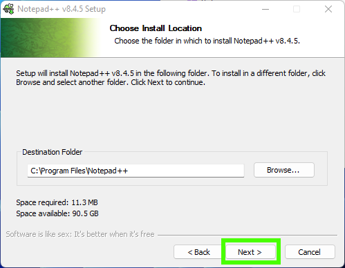 Окно выбора пути для установки Notepad++