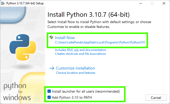 Окно установщика Python на Windows