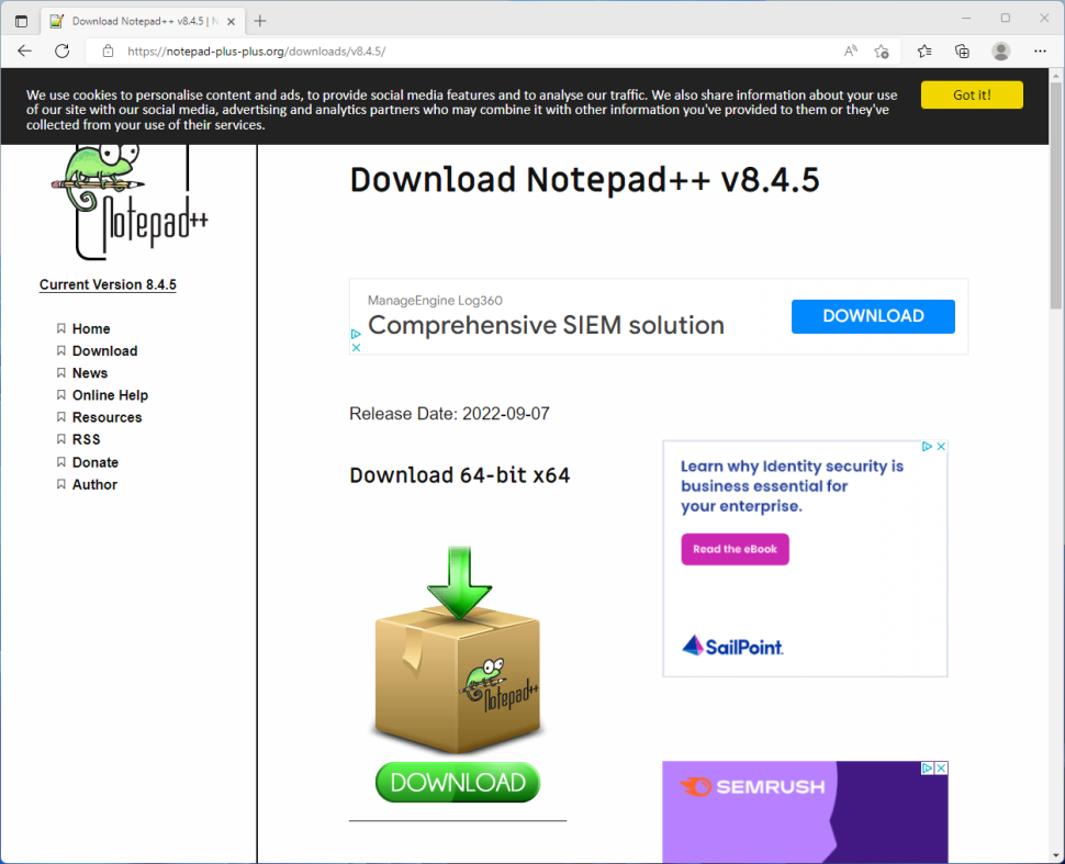 Страница загрузки Notepad++