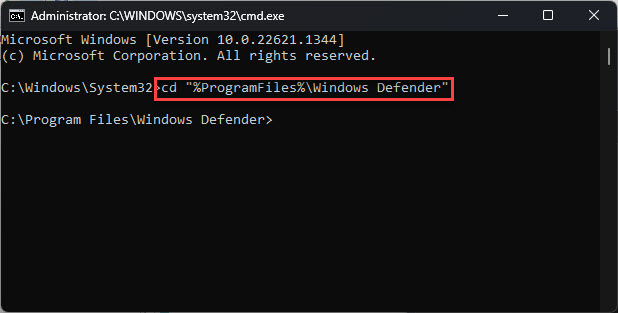 Изменить каталог на местоположение Защитника Windows