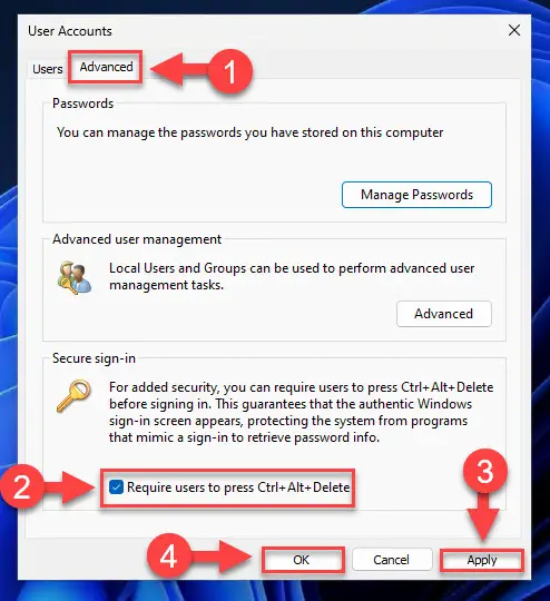 Включить или отключить CTRL Alt Del Безопасный экран входа в систему с помощью Netplwiz