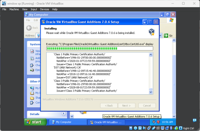 Установка виртуальных гостевых дополнений в Windows XP
