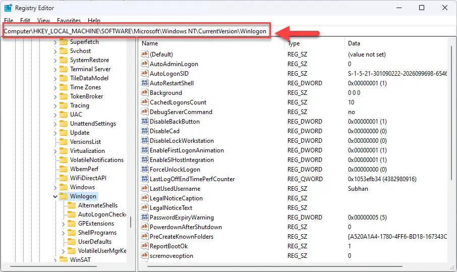 Перейдите к ключу Winlogon