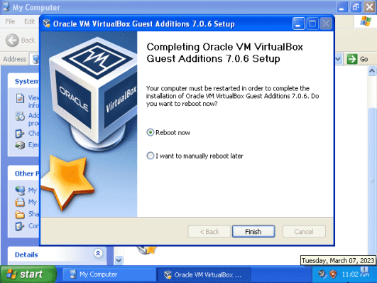Перезагрузка после установки Virtual Guest Additions