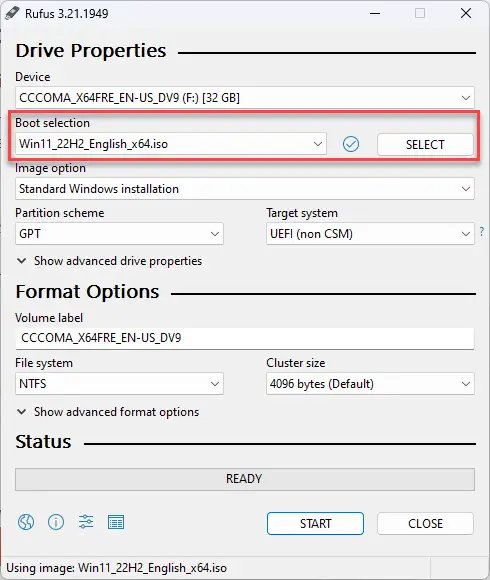 Выберите ISO-файл Windows 11.