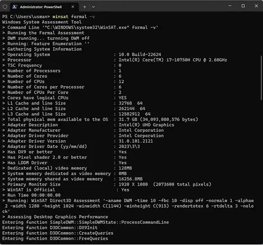 Формальная команда WinSAT