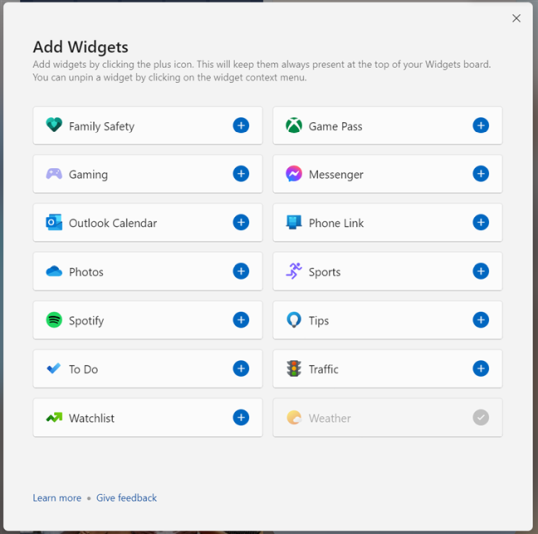 Список виджетов, доступных для закрепления
