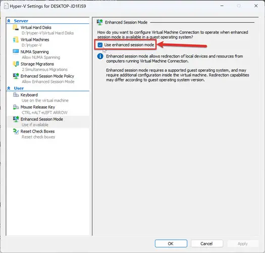 Флажок Включить расширенный режим сеанса