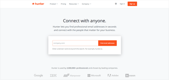 Домашняя страница Hunter.io