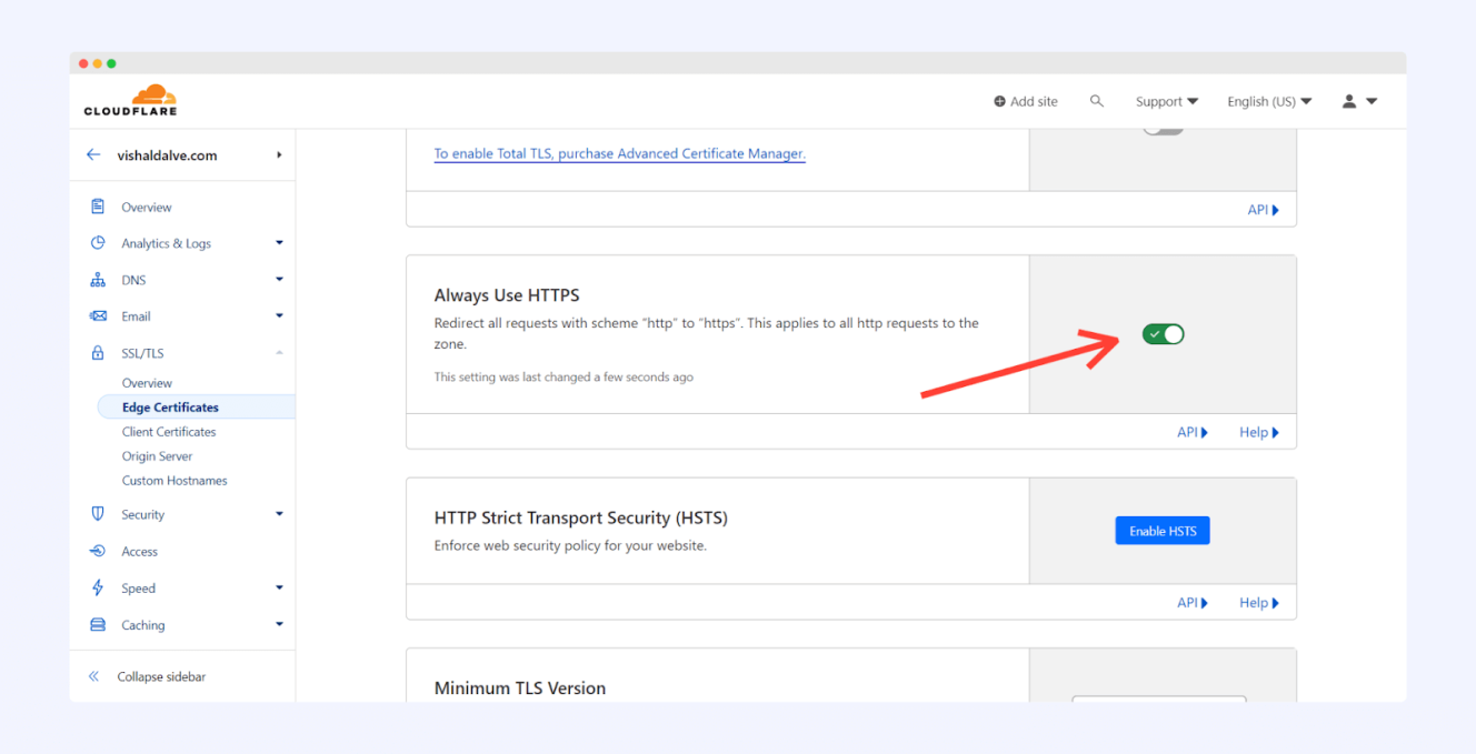 Включение «Всегда использовать HTTPS»