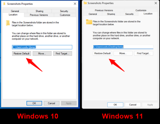 Восстановите расположение по умолчанию, в котором находятся ваши экраны печати в Windows.