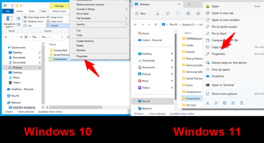 Откройте свойства папки «Скриншоты Windows».