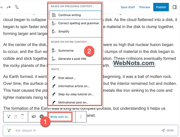 Другие опции AI-помощника Jetpack