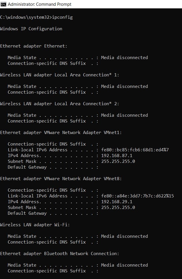 трюк с командной строкой ipconfig