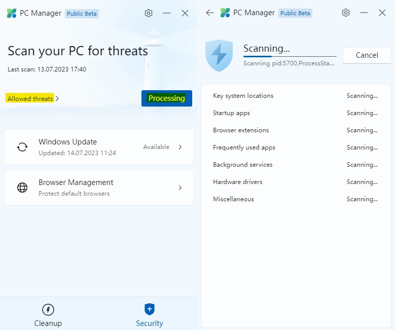 PC Manager Allowed threats