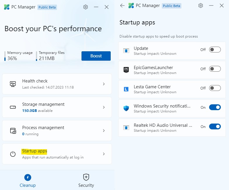 PC Manager Startup apps