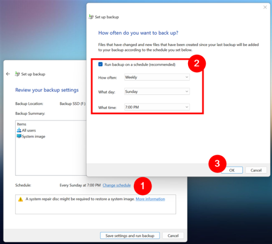 Параметры расписания для резервного копирования