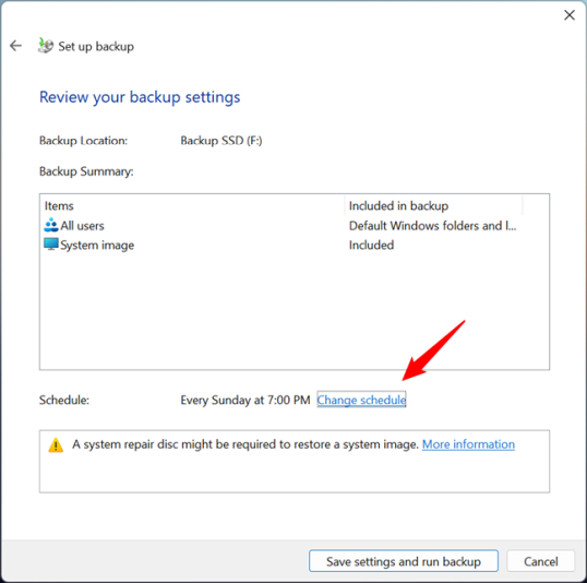 Изменить расписание резервного копирования