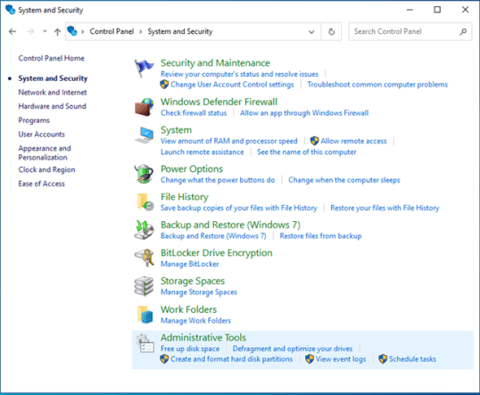 В Панели управления выберите Система и безопасность > Администрирование.