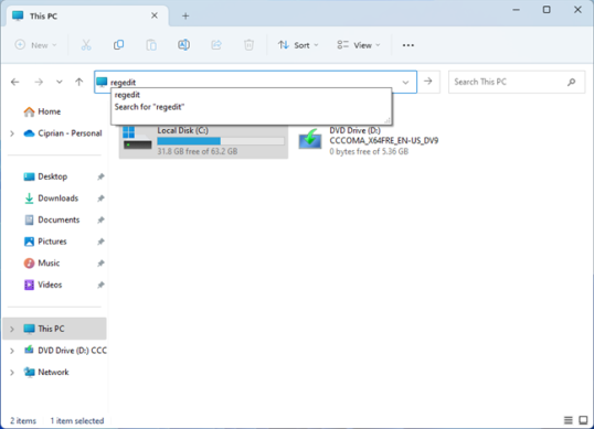 Запустите regedit из адресной строки