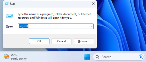 Команда запуска редактора реестра