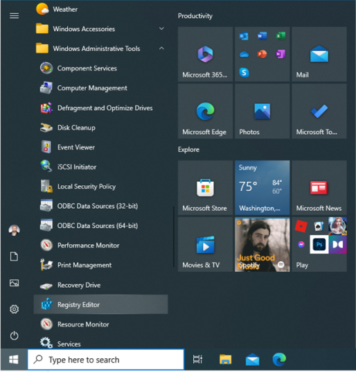 Ярлык редактора реестра в меню «Пуск» Windows 10