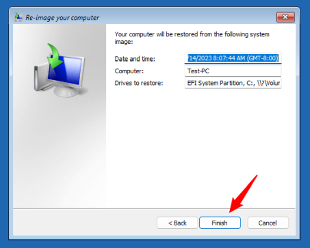 Завершение настройки задачи восстановления