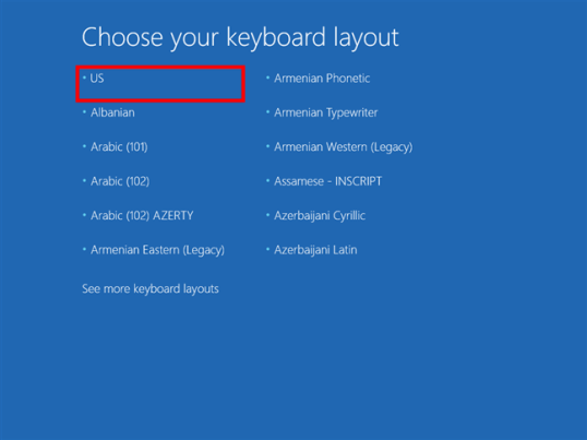 Диск восстановления системы начинается с выбора раскладки клавиатуры