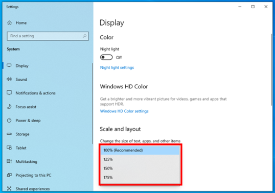Параметры для изменения размера текста, приложений и других элементов в Windows 10