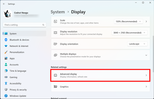 Нажмите или коснитесь «Расширенный дисплей» в разделе «Связанные настройки».