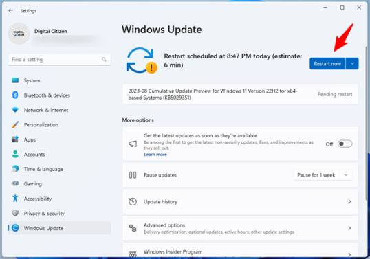 Перезагрузите сейчас, чтобы применить обновления.