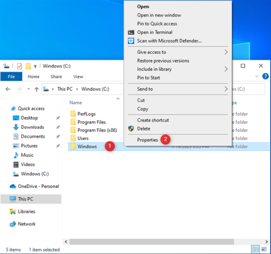 Щелкните правой кнопкой мыши папку Windows и выберите «Свойства».