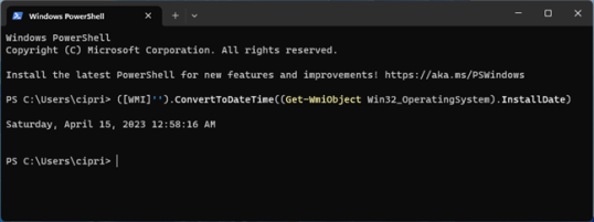 Проверьте дату установки Windows в PowerShell