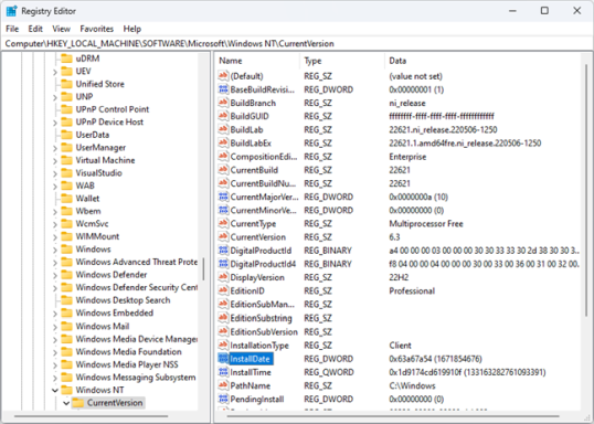 Проверьте дату установки Windows в редакторе реестра.