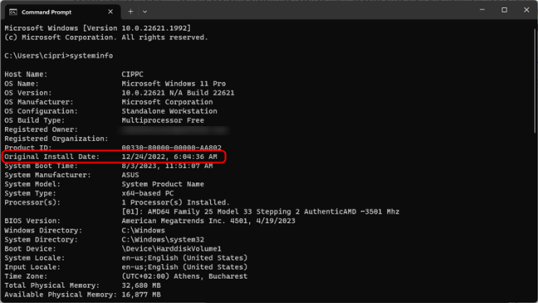 Запуск команды systeminfo