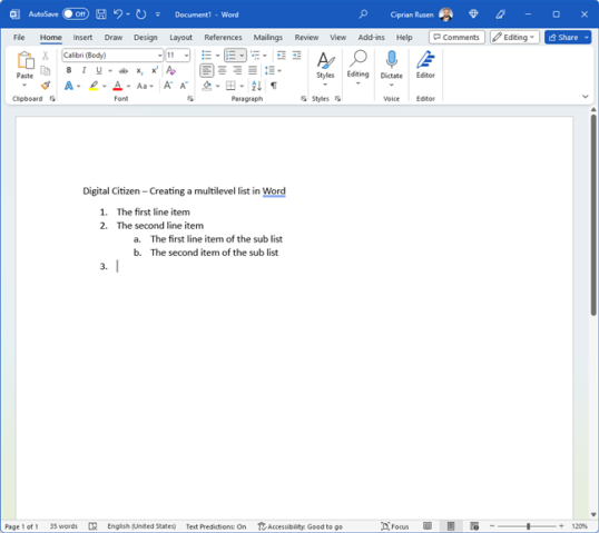 Добавление элемента на уровень основного списка