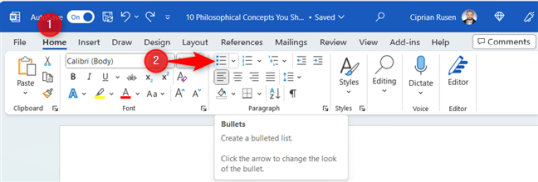 Нажмите кнопку Bullets в разделе «Абзац».