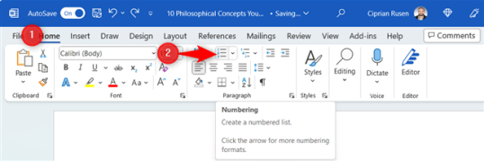 Нажмите кнопку «Нумерация» в разделе «Абзац».