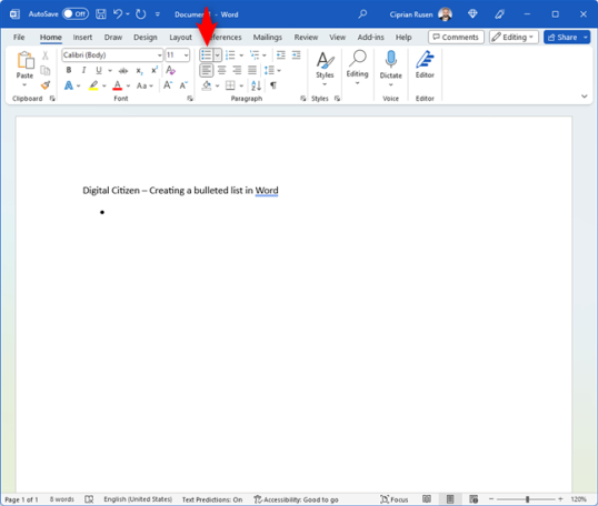 Нажмите кнопку «Пункты» в разделе «Абзац».