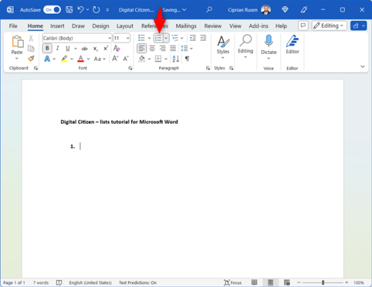 Запуск нумерованного списка в Word