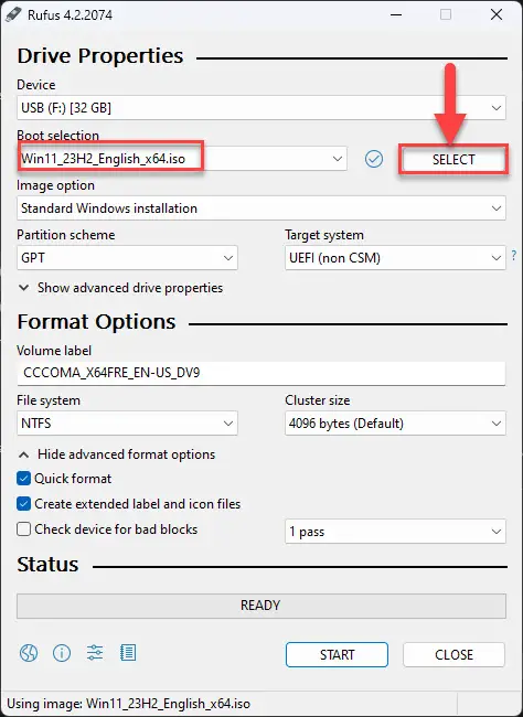 Выберите ISO-файл Windows 11 23H2.