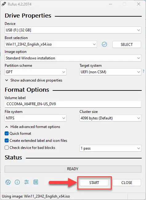 Нажмите «Пуск».
