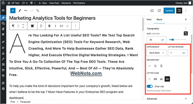 Настройте интервал между буквами, буквицу и регистр букв