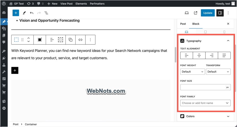 Опция контейнера GenerateBlocks